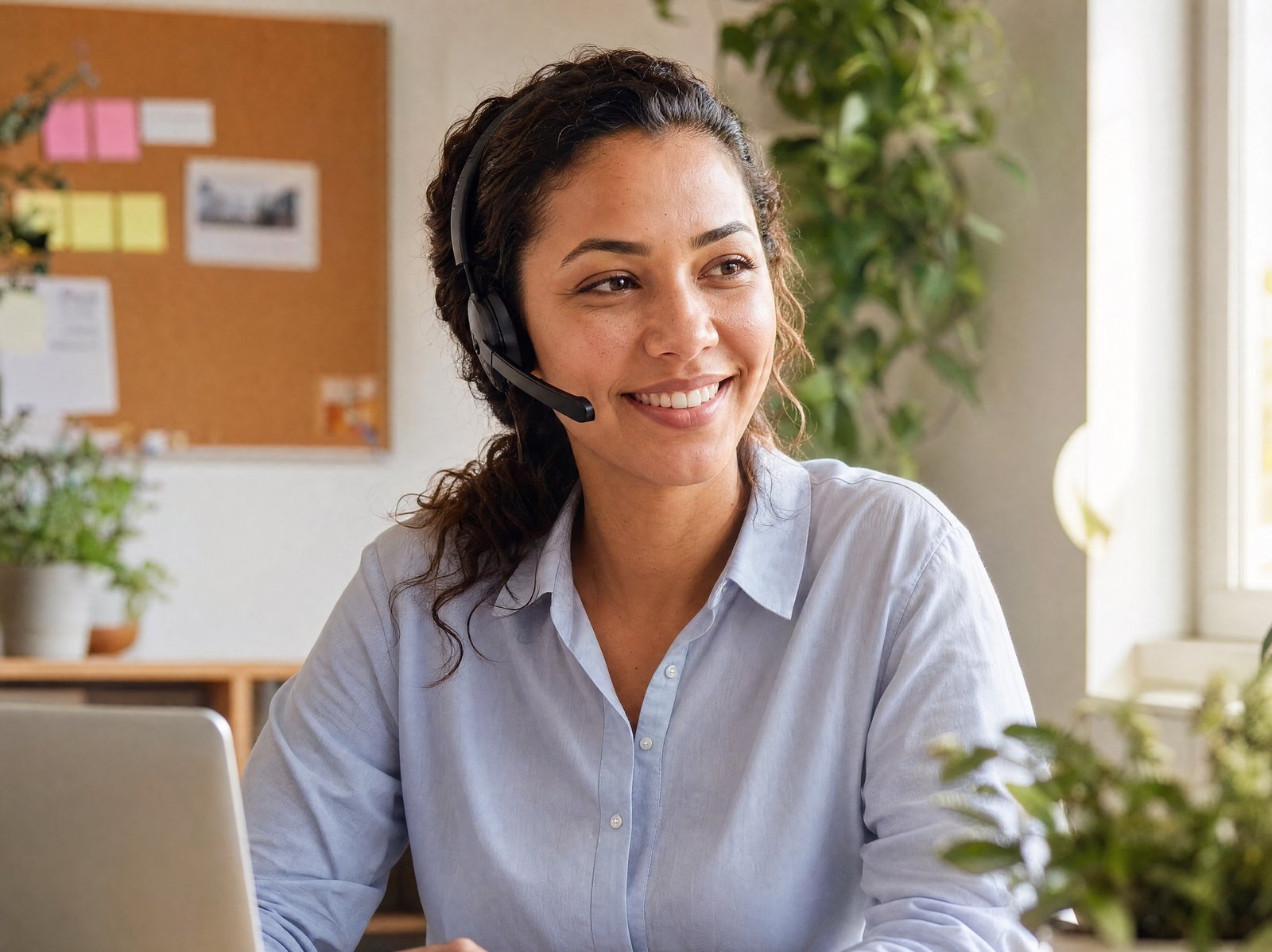 Atendente humana da Fincash sorrindo com fone de ouvido pronta pra atender pelo WhatsApp