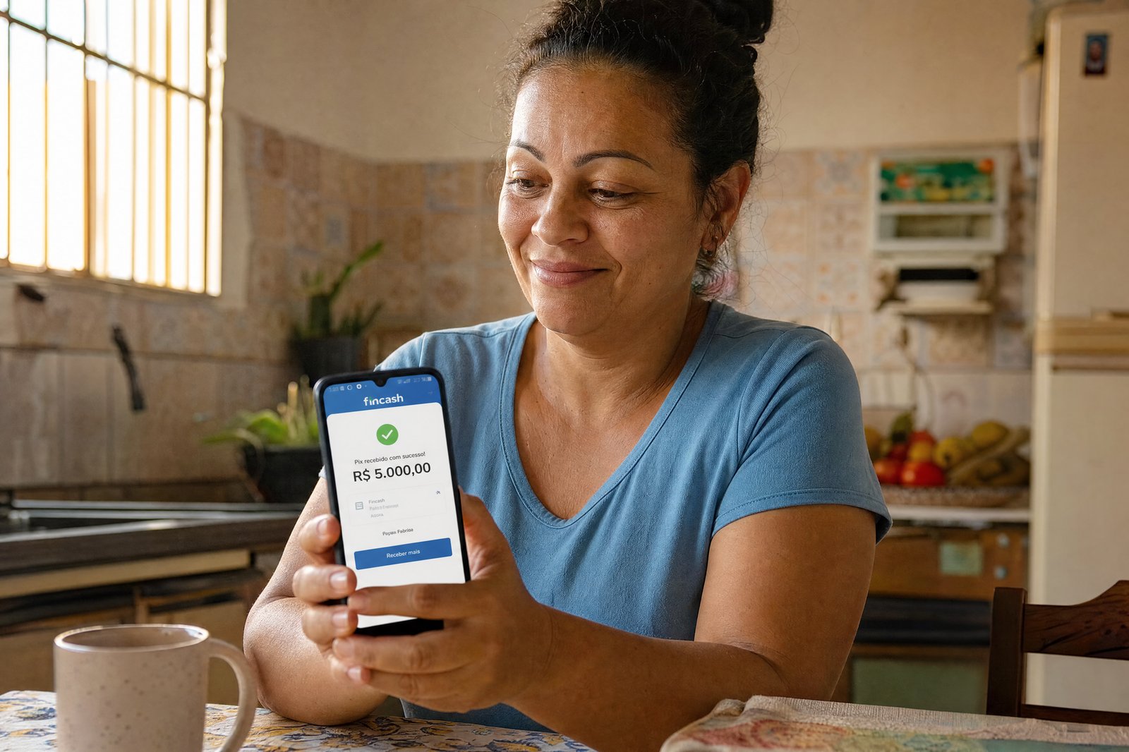 Mulher feliz olhando o celular após receber R$ 5.000 no PIX da Fincash Digital
