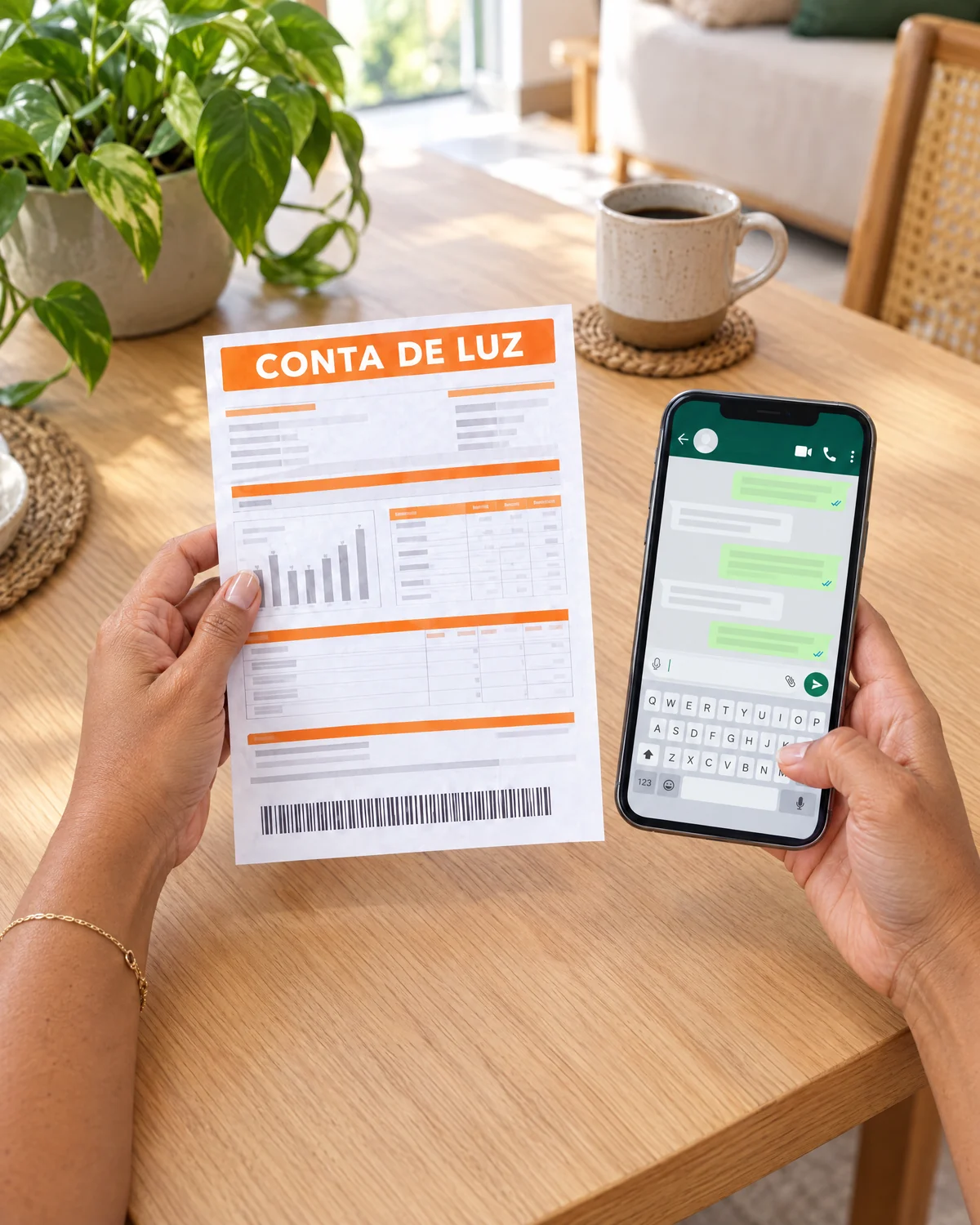 Mãos segurando a conta de luz e o celular com a conversa no WhatsApp da Fincash, pra simular o empréstimo com débito na conta de luz